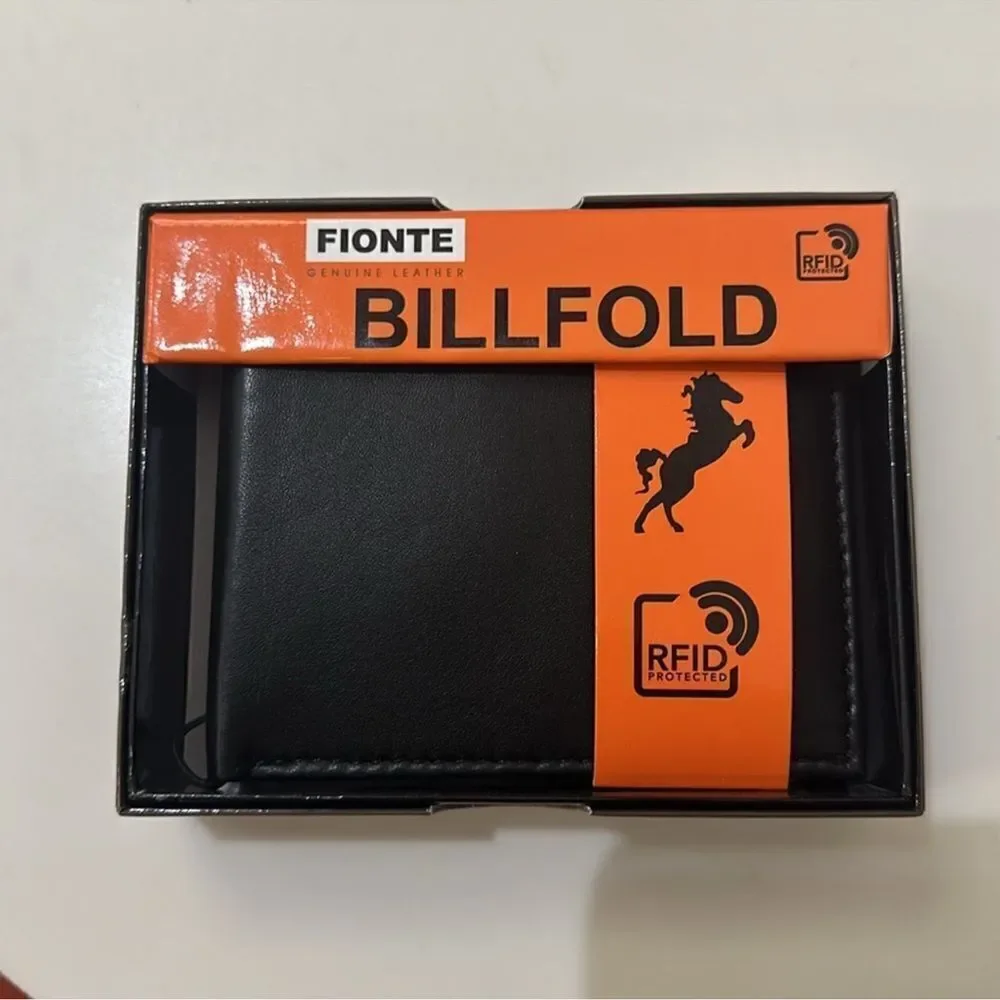 FIONTE RFID Black Men’s Genuine Leather Protected Billfold Bifold Wallet